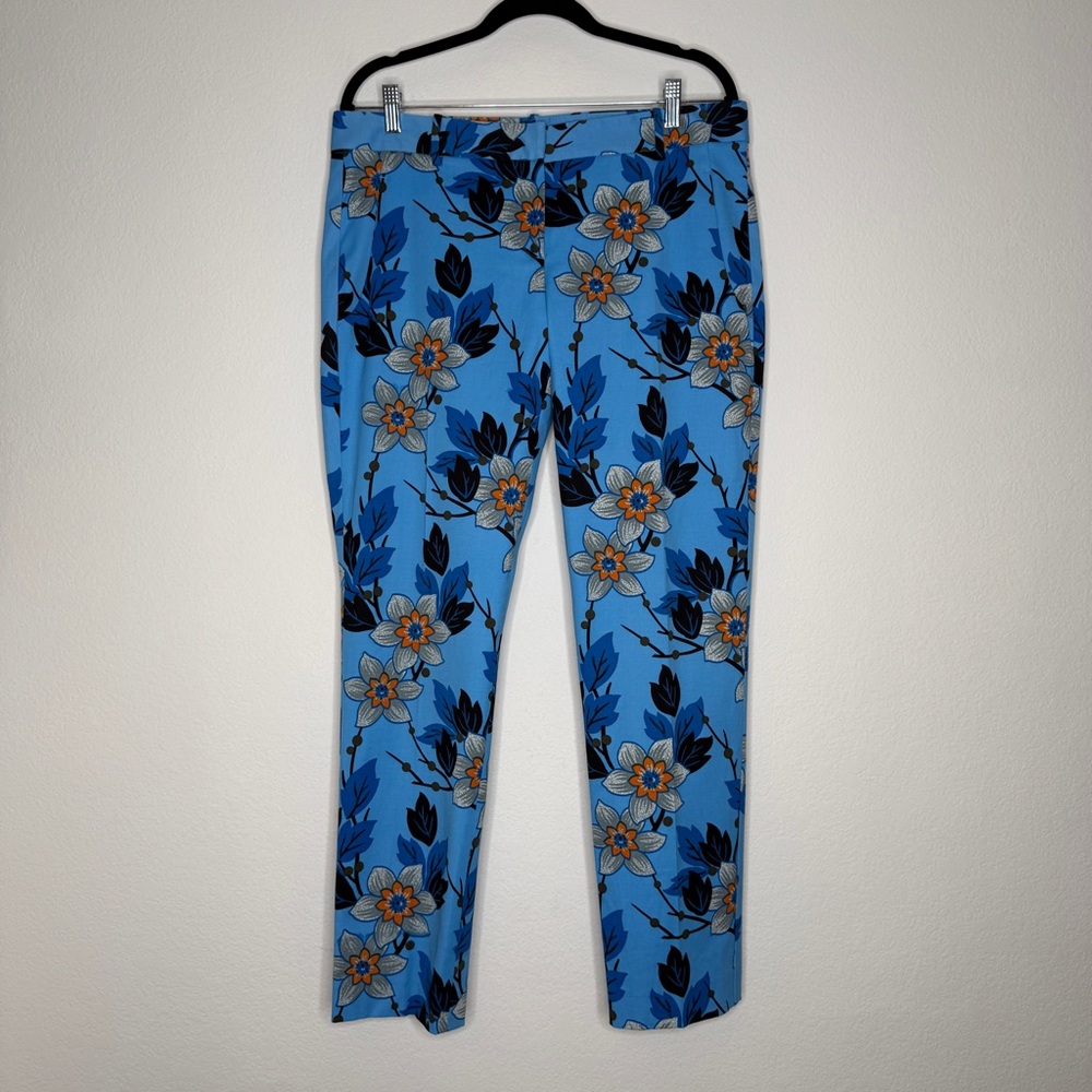 Theory Blue Floral Cotton Blend Pants Vibrant Print Pockets Size 12
